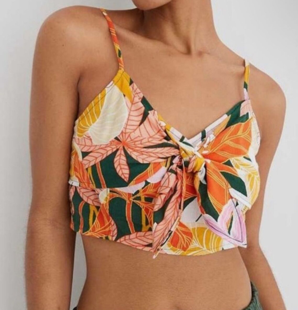 Aerie Crop top tropical print tie front smocked back V-Neck Size XL, summer
